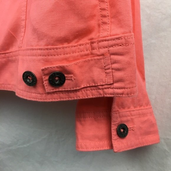 LL Bean Linen Blend Coral Orange Button Up Shirt Trucker Jacket L - Picture 5 of 8